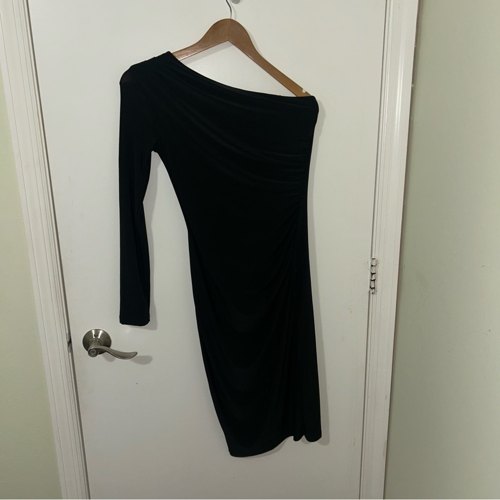 Cefiana | Women’s Black Bodycon Ruched One Shoulder Midi Dress | Size Medium